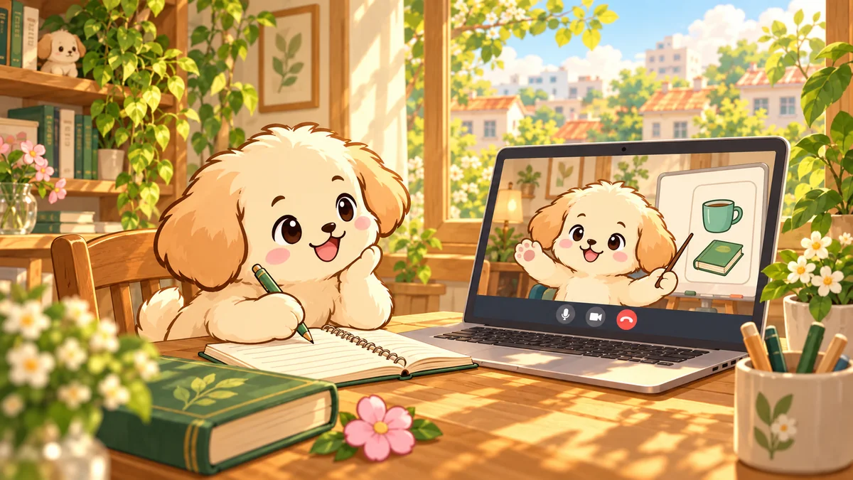Chú cún TuanBong ghi chép và trò chuyện cùng người hướng dẫn qua cuộc gọi video 1:1