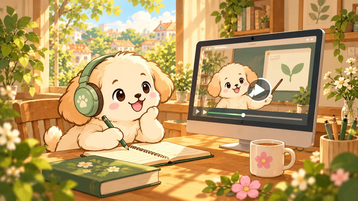 Chú cún TuanBong đeo tai nghe, tự học qua video trên máy tính và ghi chép vào sổ