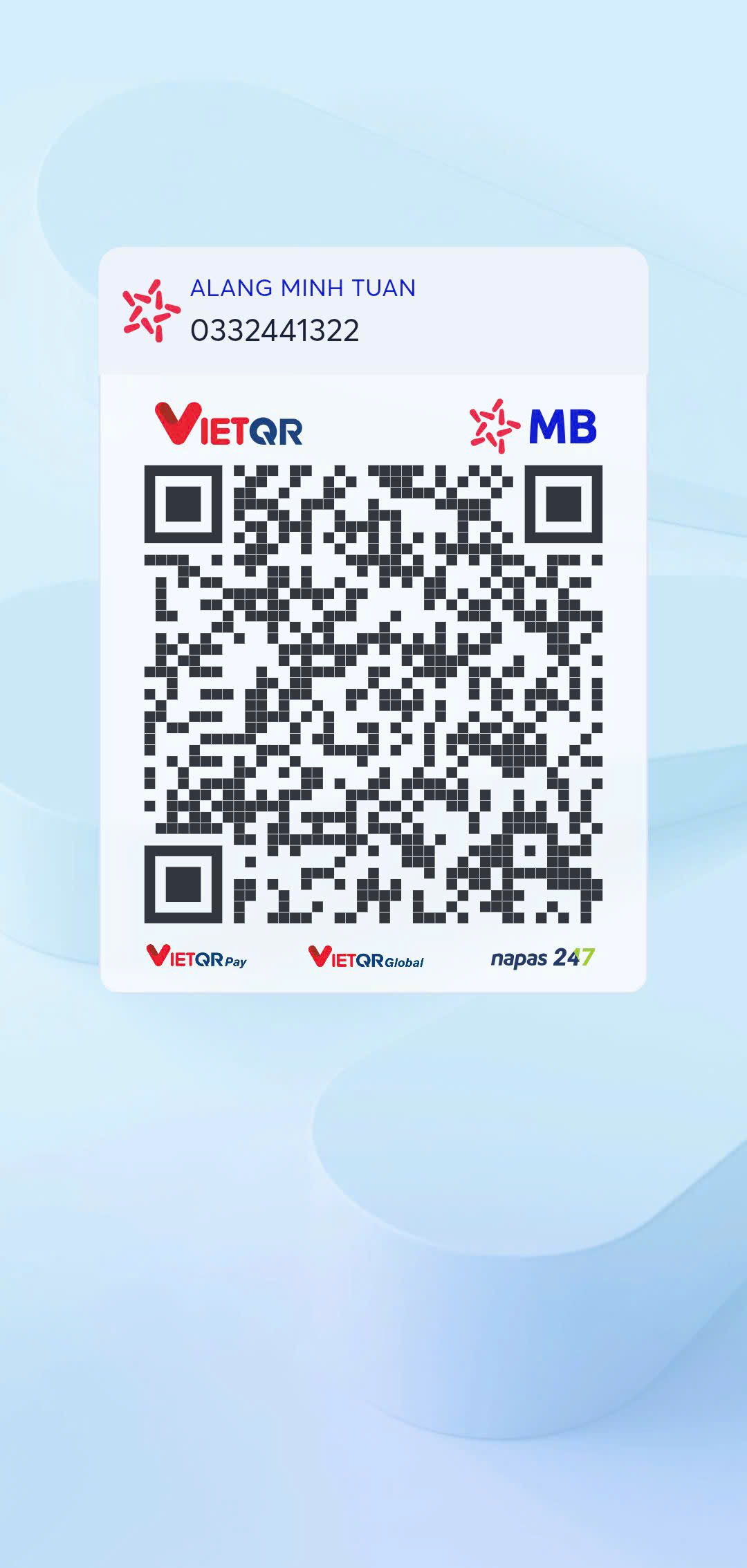 Mã VietQR nhận chuyển khoản MB Bank, người nhận ALANG MINH TUAN, số tài khoản 0332441322